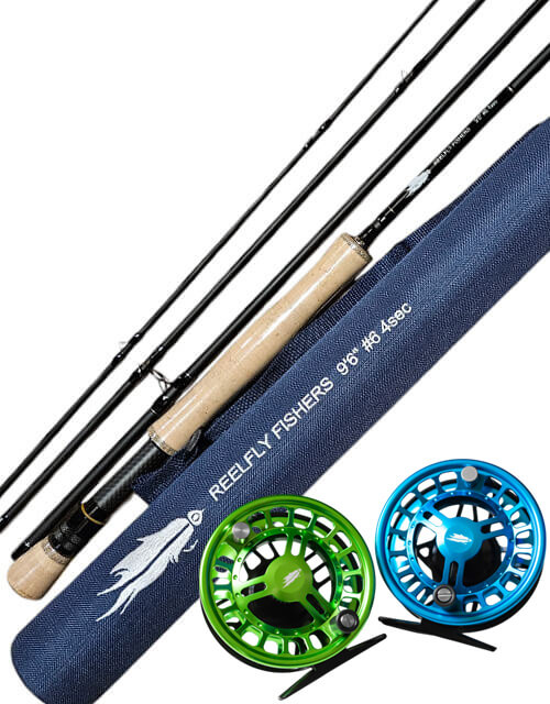Quality Fly Gear - versatile fly rod with chrono fly reels on white background