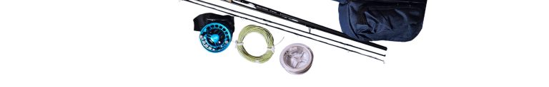 Reel Fly Fishers chrono fly reel, versatile rod, weight-forward fly line, and dacron backing line on white background